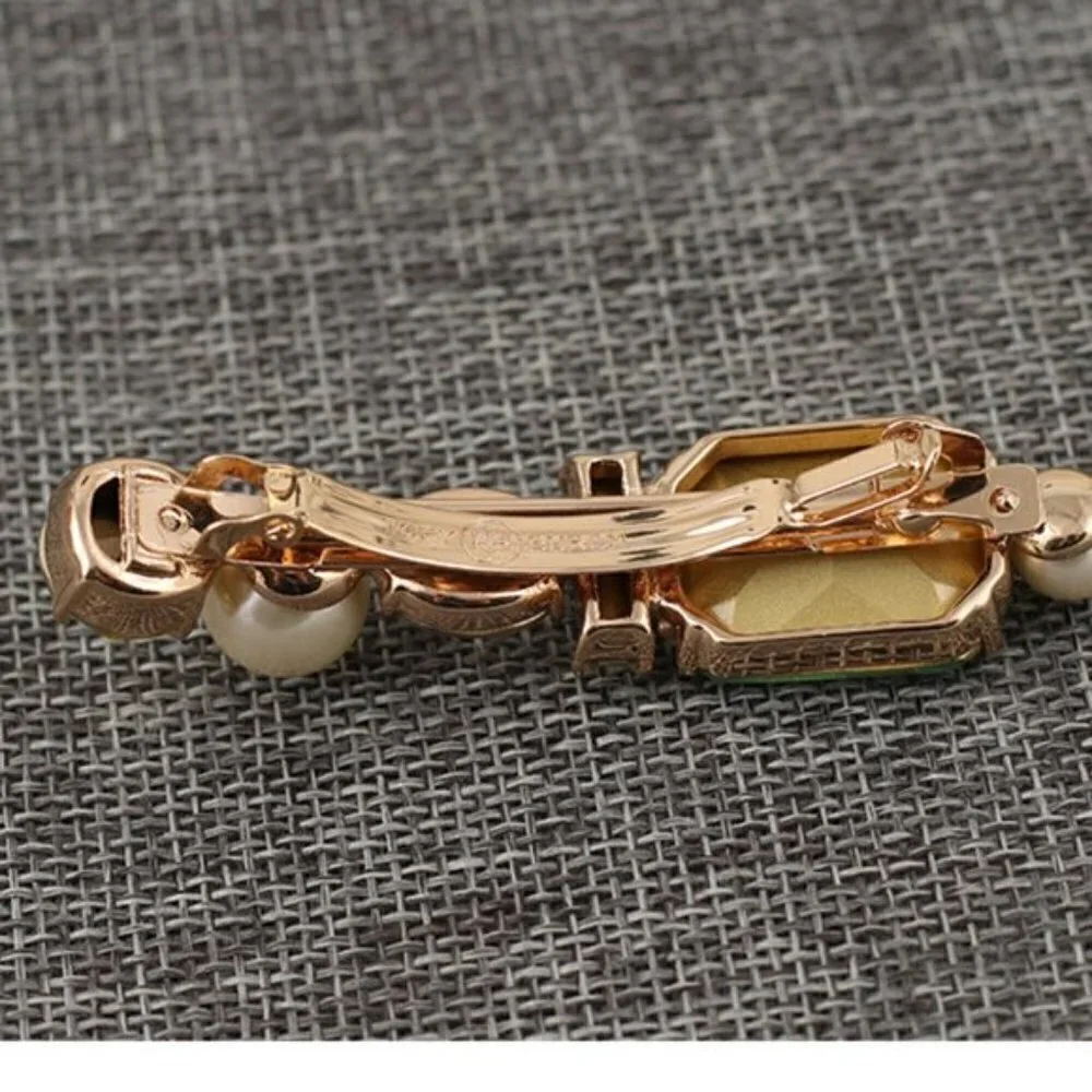 Tory Burch Crystal Hair Clip Barrette Green Gem Gold Tone Logo Hair Accessory